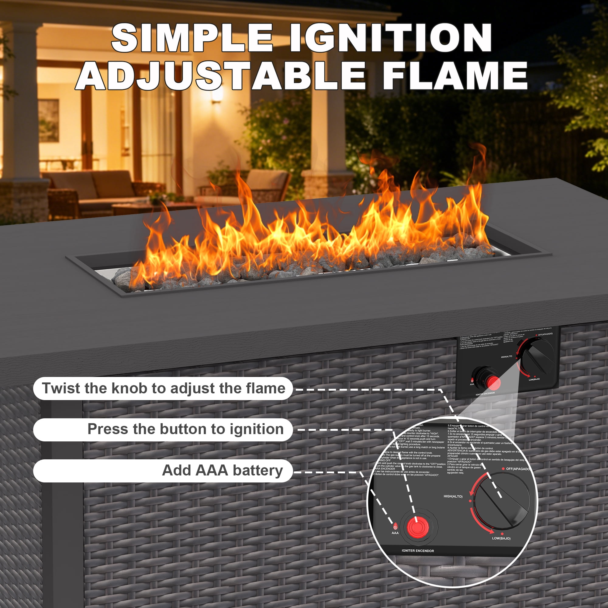 42" Propane Fire Pit, 50,000 BTU Auto-Ignition Gas Fire Pit Table, Outdoor Fire Tables with Lid and lava rocks for Outside, Garden, Backyard