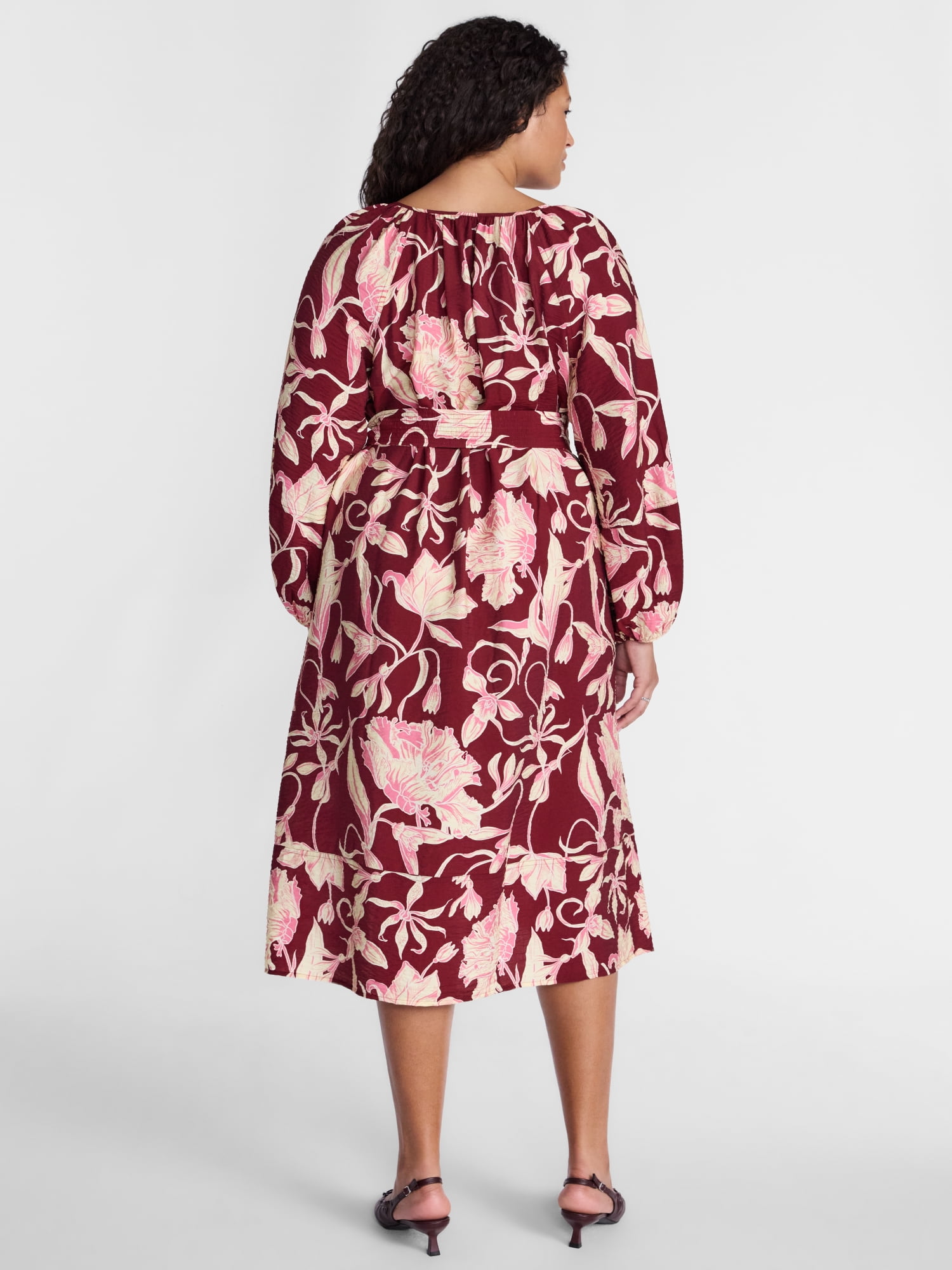 Terra & Sky Women’s Plus Tie Waist Midi Dress with Long Puff Sleeves, Sizes 0X-5X