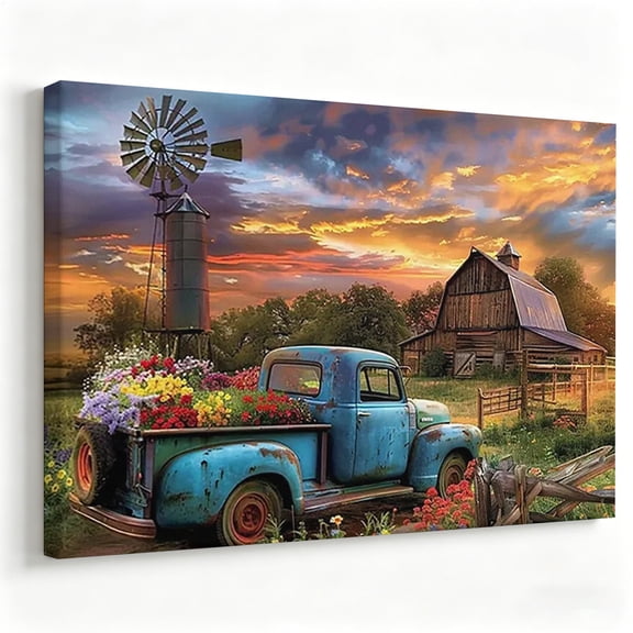Vintage Blue Truck and Floral Bed Canvas Wall Art Rustic Farmhouse Barn Painting Country Windmill Poster Living Room Decor Print Ready to Hang 8*12