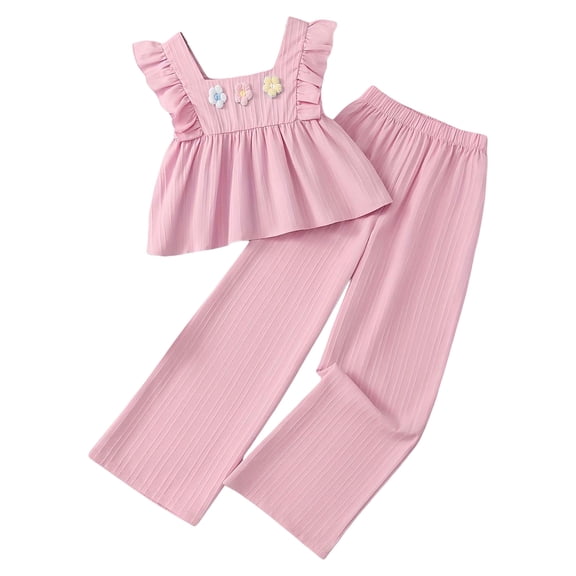 Bainana Fashion Outfit Set For Girls Ruffled Sleeve Floral Print Top With Solid Color High Waist Pleated Pants Outfit Casual Playwear Child Girls Cute Stylish Clothes Set Pink Size 9-10 Years