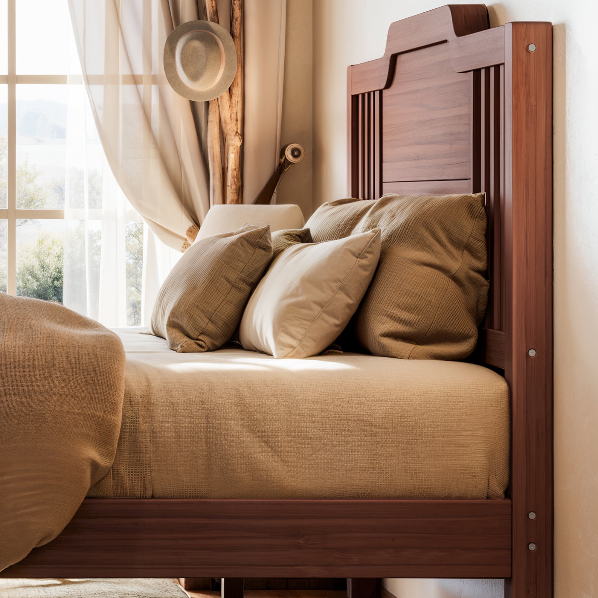 Leumius Full Size Platform Bed with Tall Headboard, Solid Wood Bed Frame with Support Slats for Bedroom,Guest Rooms, Apartments,Easy Assembly,Brown