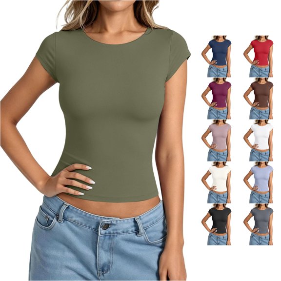 WERYOUNG Women's T Shirts Casual Crew Neck Short Sleeve Tee Everyday Wear Solid Color T-Shirts Trendy Top L