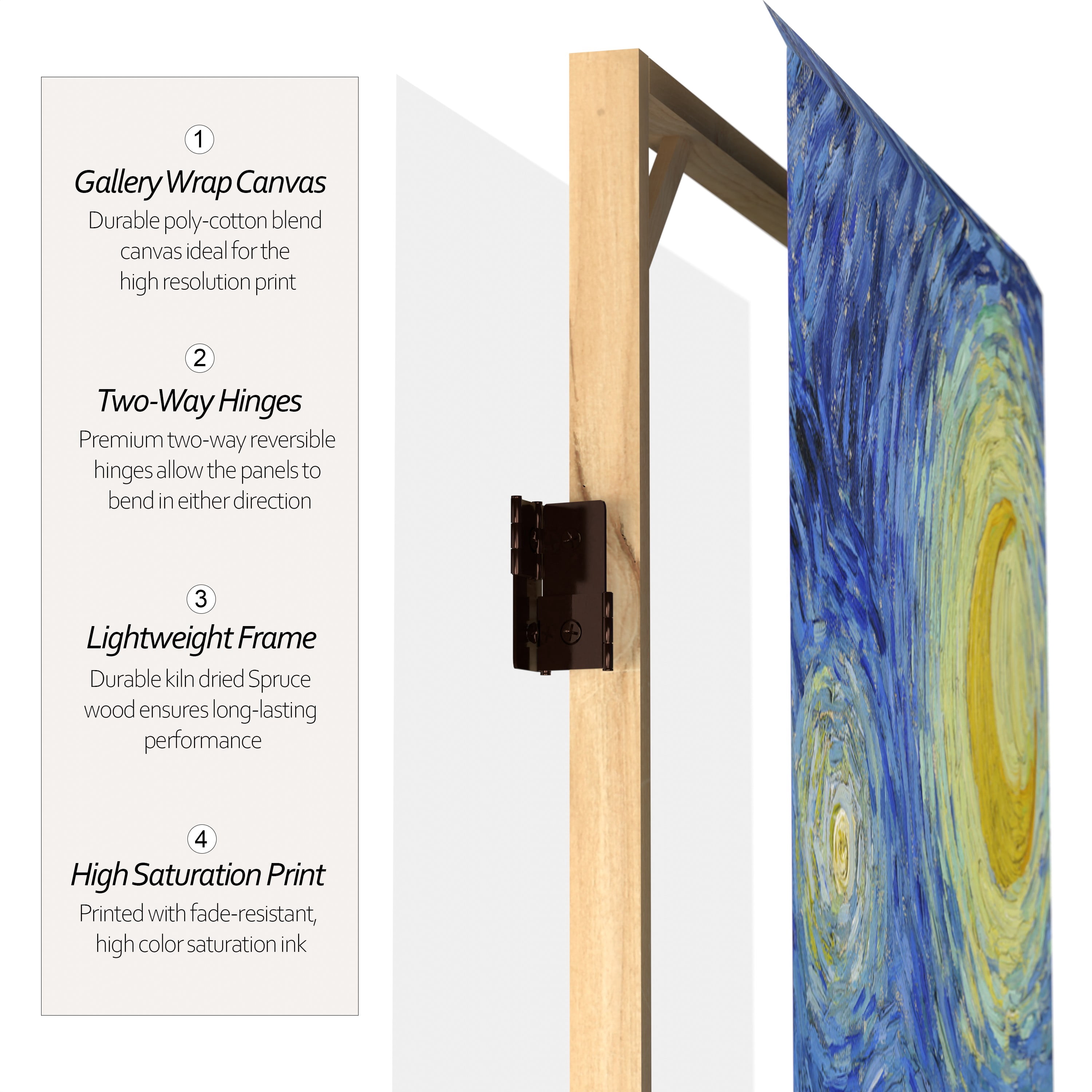 3 ft. Short Double Sided Works of Van Gogh Canvas Folding Screen - Starry Night/Sunflowers