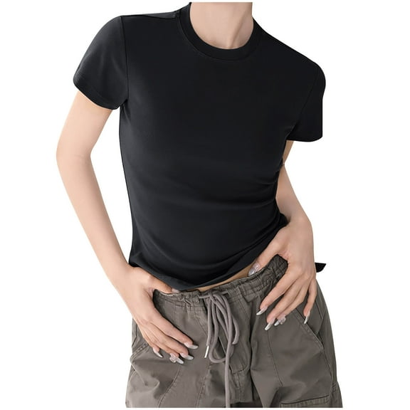 Womens Cotton T Shirt Short Sleeve Solid Color Crew Neck Basic Stretchy Tops Casual Summer Slim Fit Tee Black Womens Tops