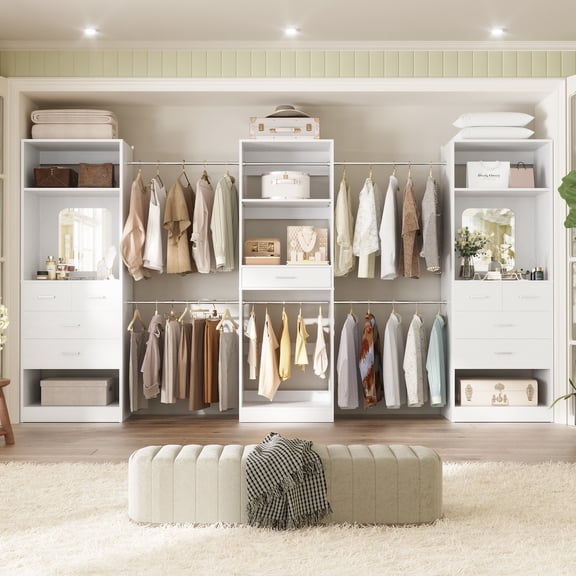 Homieasy 6 - 18.5 ft Closet System with 3 Sets, Closet Organizer with 2 Mirrors, 9 Drawers & 6 Closet Rods for Hanging Clothes, Garment Rack for Bedroom/Closet, 15''D x 79.7''H, White