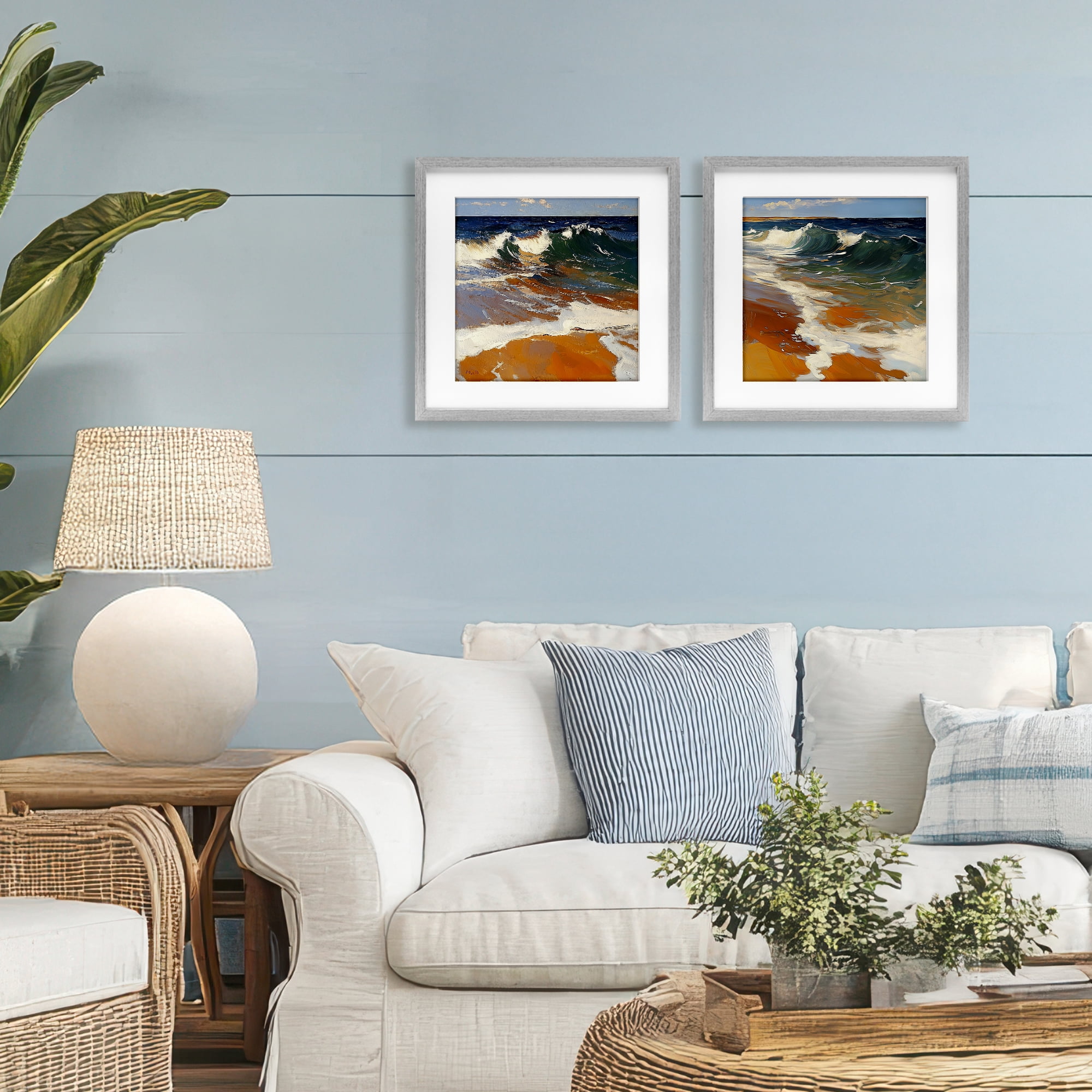 Stupell Industries Glassy Coastal Break 2 Piece Gray Framed Print Under Glass Set, design by Walker Noble