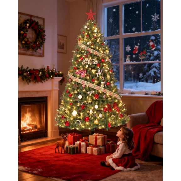 4.5FT Prelit Artificial Christmas Tree with PE PVC Tips,Fast 3-Step Assembly Flame-Retardant Holiday Tree with Stable Base