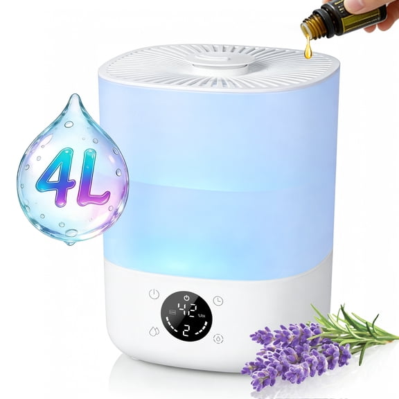 4L Cool Mist Humidifier with Auto Humidity Control and Timer for Large Room, Essential Oil Diffuser Air Humidifier for Bedroom, Overnight Use, Quiet Run, Night Light, White