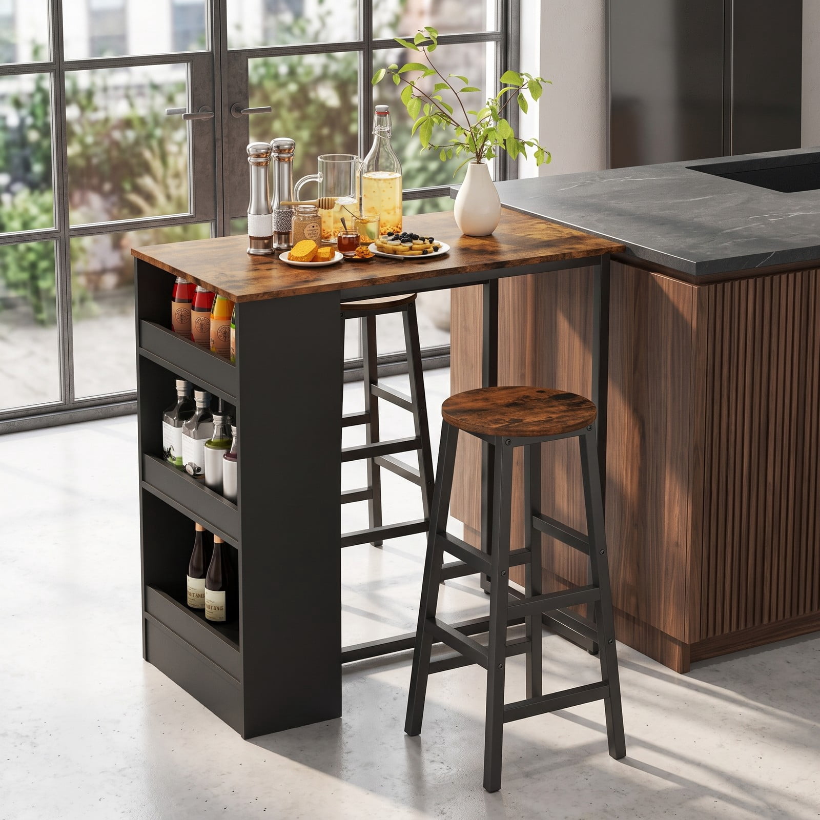 Furnibear 3-Piece Bar Table Set with Storage Shelf, Industrial Counter Height Pub Dining Table and 2 Stools for Kitchen Dining Room Restaurant, Space-Saving Bar, Brown