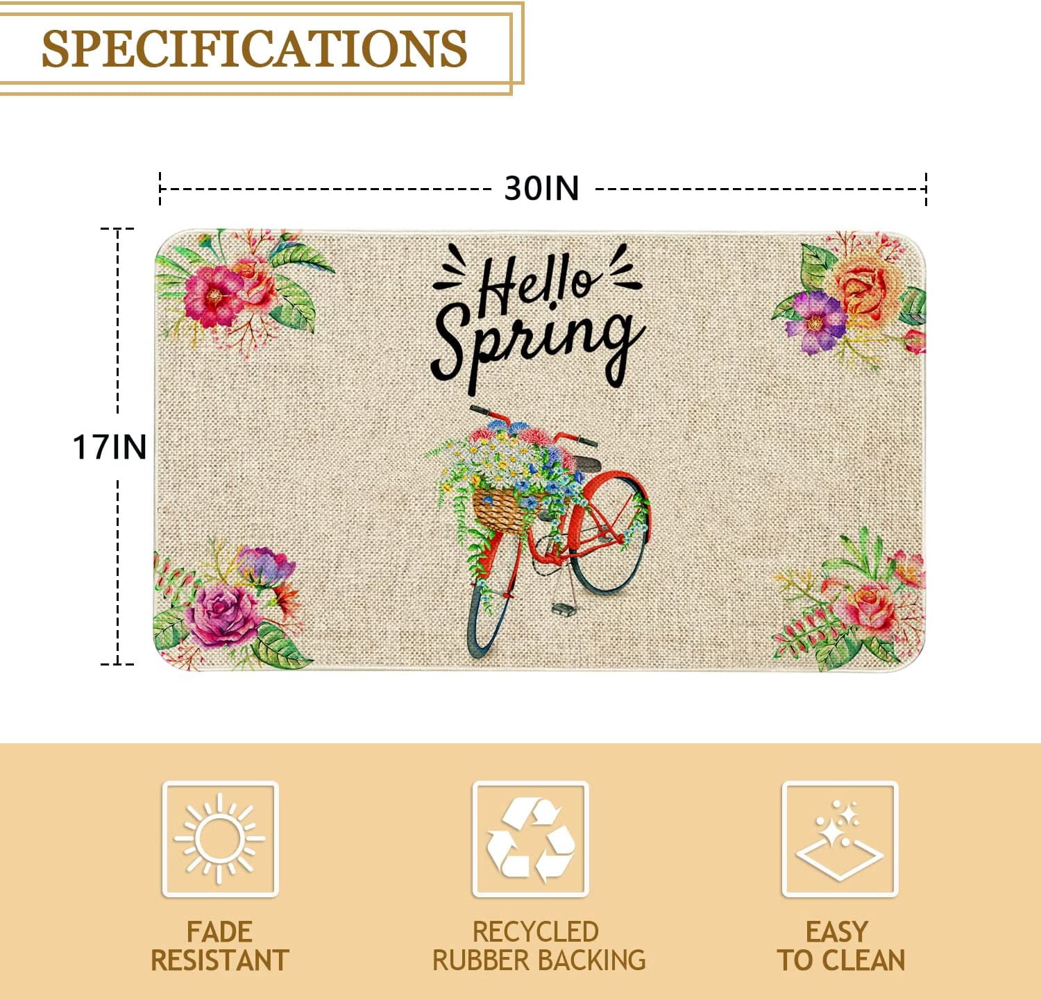 Spring Door Mat 30 X 17 Inch Spring Bike with Flowers Doormat Indoor Outdoor Entrance Floor Mat Non Slip Spring Decor Rubber Mats