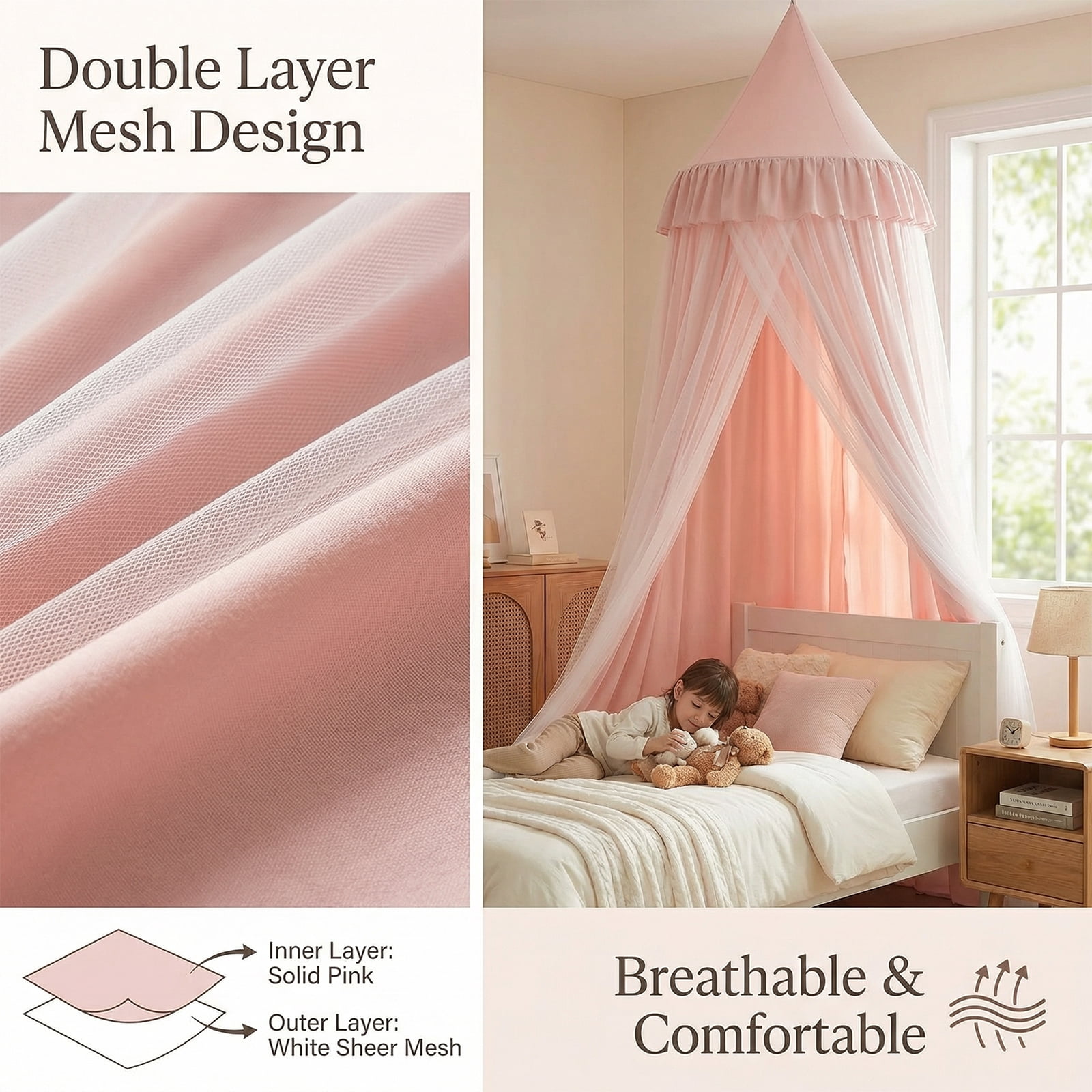 Bed Canopy with Star Night Light, Double Layer Dustproof & Breathable, Kids Reading Nook Bed Tent, Machine Washable, Available in , Pink