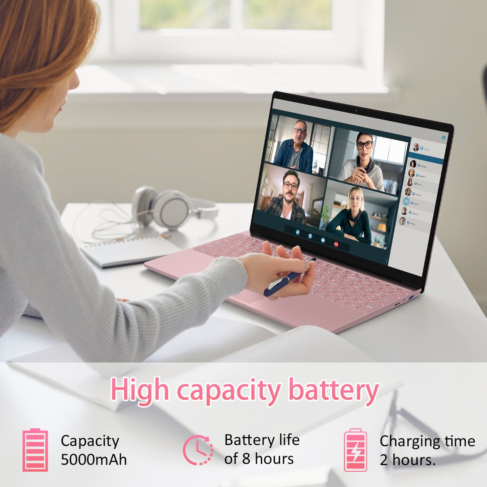 Molegar 15.6" Fhd Business Laptop, Intel Celeron N5100, 8GB RAM, 256GB SSD, Fingerprint Reader, Bluetooth 5.0, Windows 11, Pink
