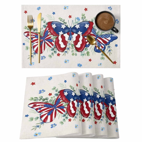 Blue Red Butterfly 4th of July Placemats Set of 12, Stars Independence Day Rustic Placemats for Dining Table, Place Mats for Kitchen Tabletop, Waterproof Wipeable Dining Table Mats Set
