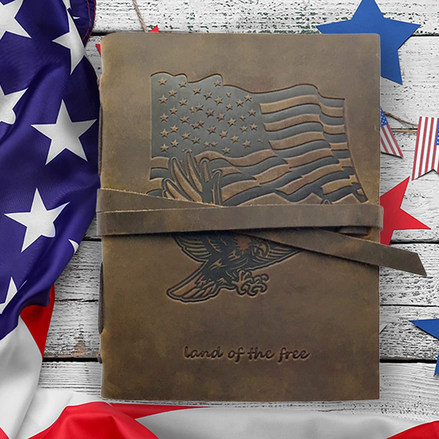 Leather Bound Journal for Men and Women, Handmade Patriotic Gift Set with USA Flag and Eagle Embossed Journal and Stylish Pen, Vintage Notebook, Sketchbook, Planner and Diary A5 (300 Pages) (7x5")