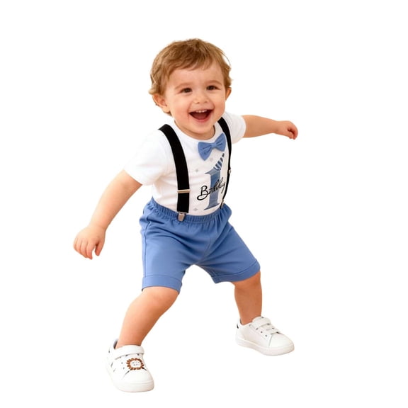 Baby Boy Clothes 6-9 Months Infant Baby Boy Outfit Car Print Short Sleeve Bow Romper Suspender Shorts Set 2Pcs Summer Clothes,Blue