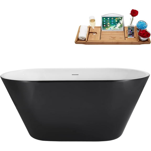 54" Streamline NB6420BGL Soaking Glossy Black Freestanding Tub and Tray With Internal Drain in Brushed Gold