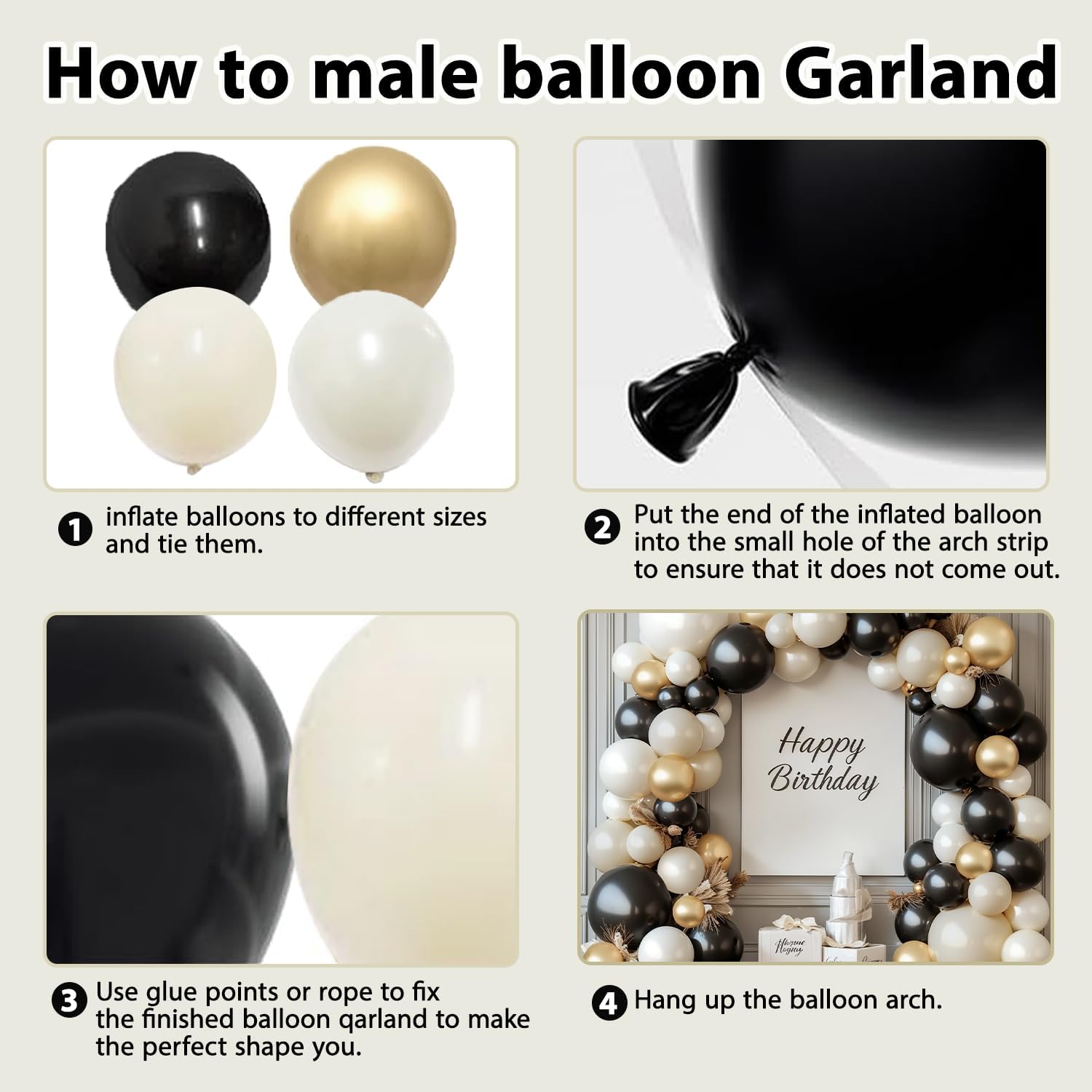 Black White Gold Balloon Arch Kit,Double Stuffed Pearl Sand White Balloon Garland Different Sizes 18/12/5 Inch Chrome Cream Balloons for Graduation Wedding Birthday Bachelorette Party Decorations