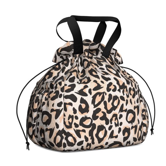 Beige and Black Of Leopard Print Drawstring Lunch Bag Women - Drawstring Lunch Bag Insulated for Work Office - Stain-Resistant Large Lunchbags for Women with Multi-Pockets
