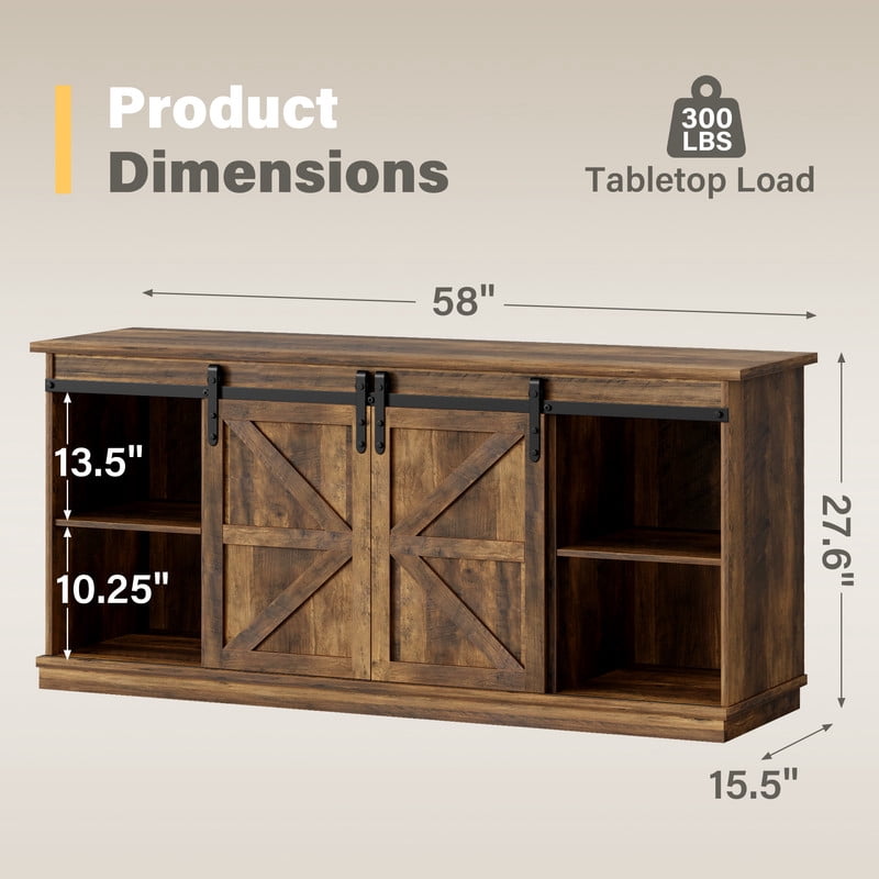 Furmax 65 inch TV Stand Entertainment Center with Sliding Barn Doors and Storage,Rustic Oak