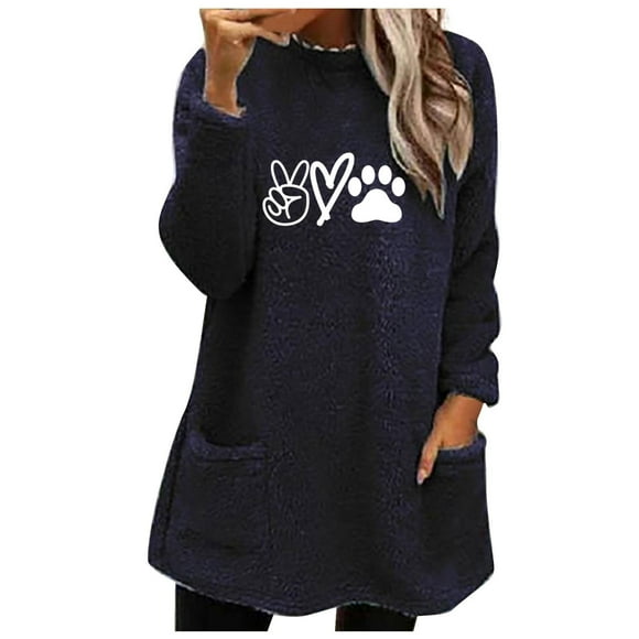 Virmaxy Fall Winter Mid-Length Sherpa Fleece Coat for Women Love Cat's Paw Printed Fuzzy Thicken Blouse Tops Long Sleeve Pullover Shirt Crew Neck Loose Plush Sweatshirt with Pocket Navy-A S