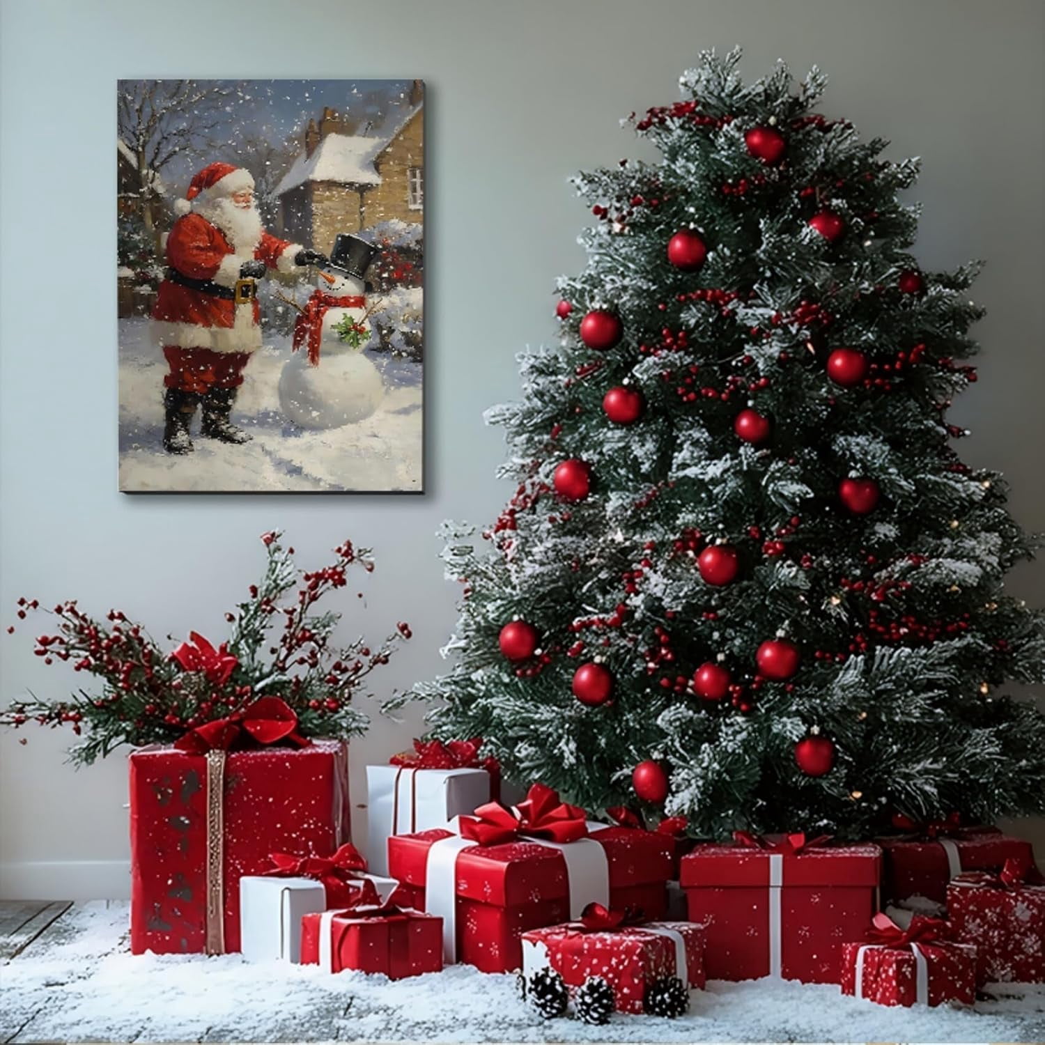 Christmas Wall Art Prints, Winter Christmas Picture Wall Decor Santa Snowman Canvas Artwork for Bathroom, Snow Scene Street Aesthetic Posters for Bedroom, Christmas Holiday Decor