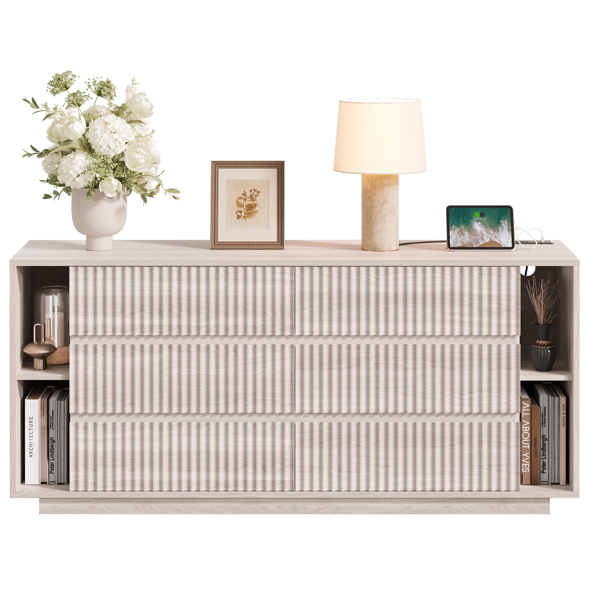 Fluted 6 Drawer Dresser with Shelves, 63'' Wide Bedroom Chest of Drawers, White Alder