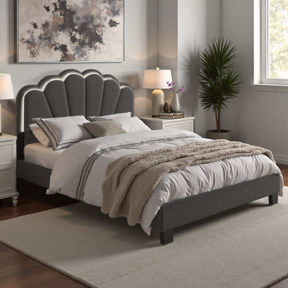 iNSPIRE Q Altha Queen Boucle Platform Bed with LED Flower Headboard, Charcoal