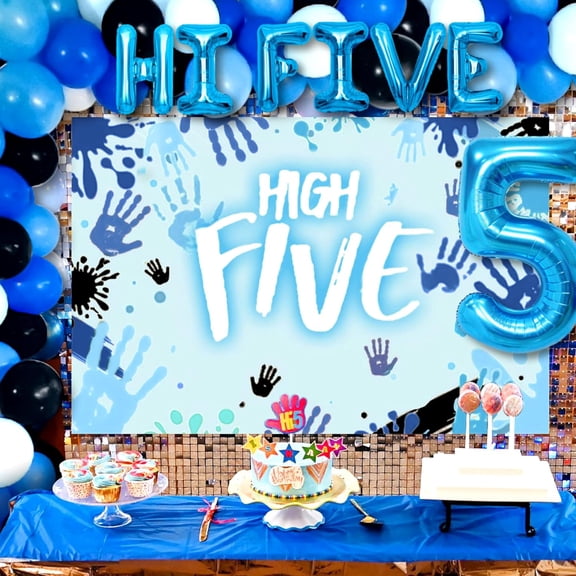 High Five Theme Decor Set for 5th Birthday - Blue Background Cloth Aluminum Foil Balloon Combination for Kids' Party Decoration