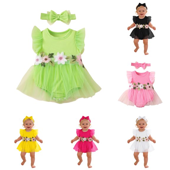 AWZXDE Fall Toddlers Girl Clothes Floral Embroidery Dress‑Style Bodysuit Outfit With Matching Bow Headband For Birthday Party & Themed Photoshoot Green - 6-9 Months