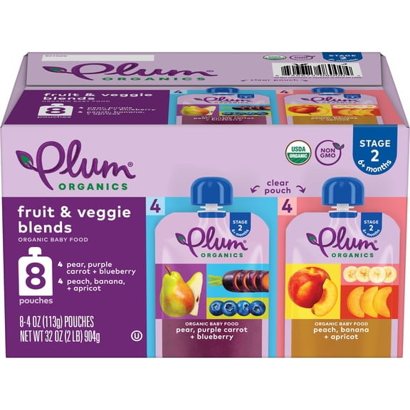 Plum Organics® Stage 2 Fruit & Veggie Blends Organic Baby Food Pear, Purple Carrot Blueberry & Peach, Banana Apricot 4oz Pouch-8-Pack