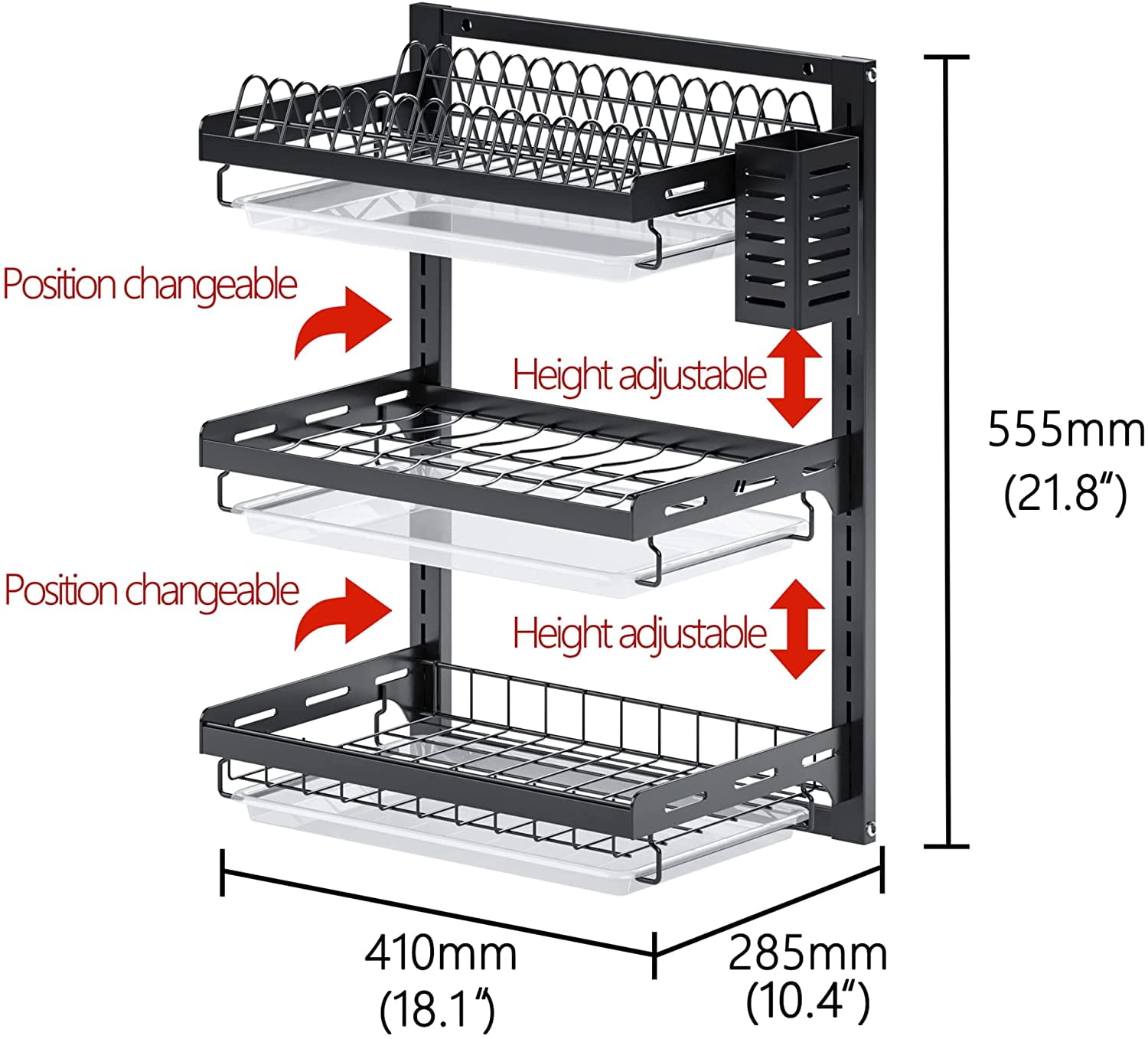 Wall Mounted Dish Drying Rack, 3 Tier Stainless Steel Hanging Drainer with Cutlery Holder and Hooks for Kitchen