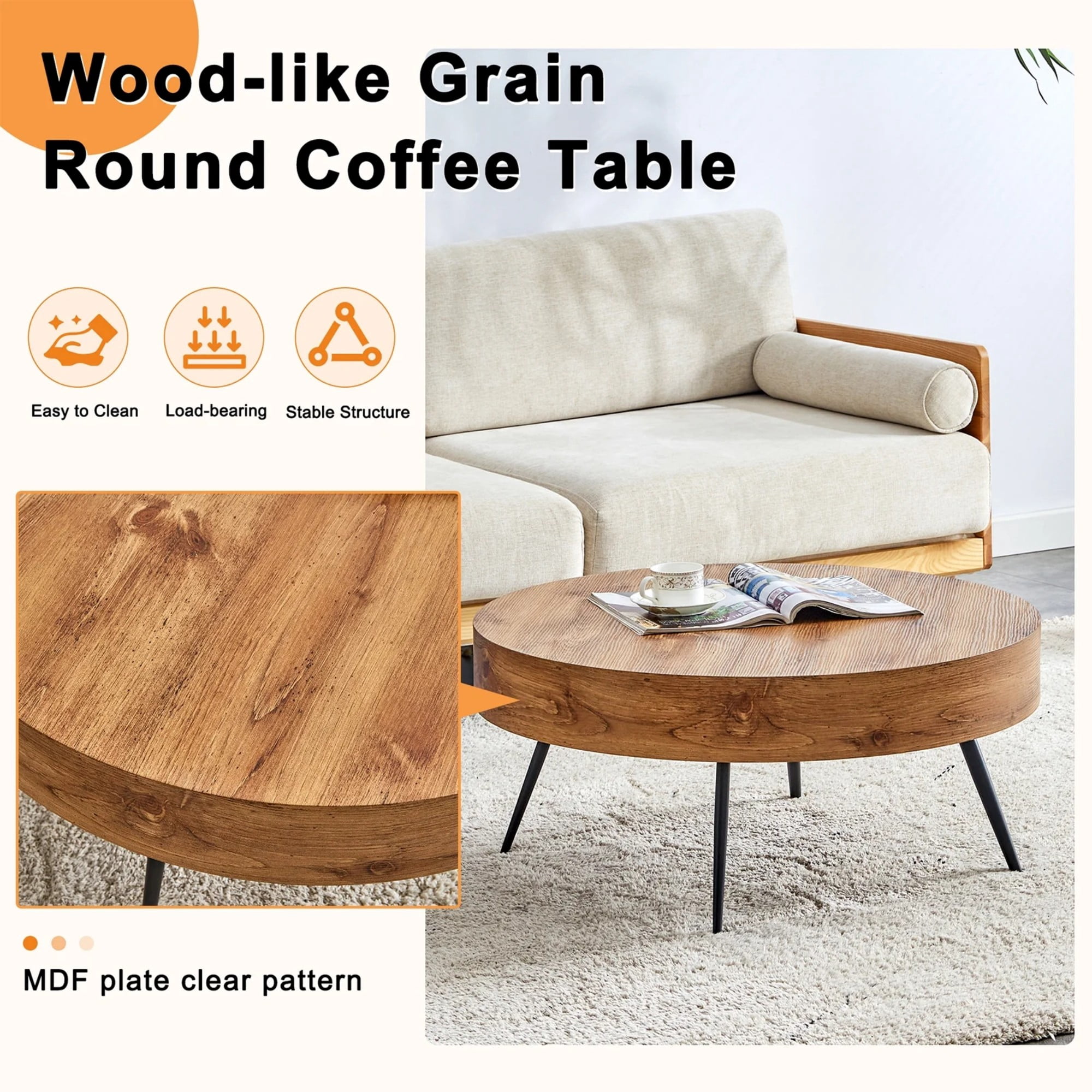 SUDICA 31.5 in Round Coffee Table, Rustic Wood Grain Finish with Black Metal Legs for Living Room