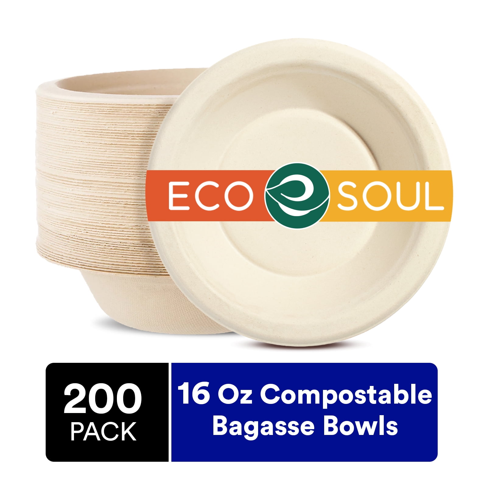 ECO SOUL 100 Compostable 16 oz Bagasse Bowls, 200 Counts HeavyDuty