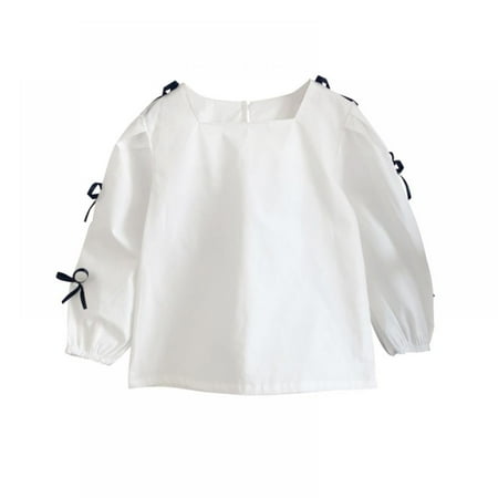 

Long Sleeve Blouse Kids Cotton Bow Puff Sleeve Shirt for Toddler Little Girls
