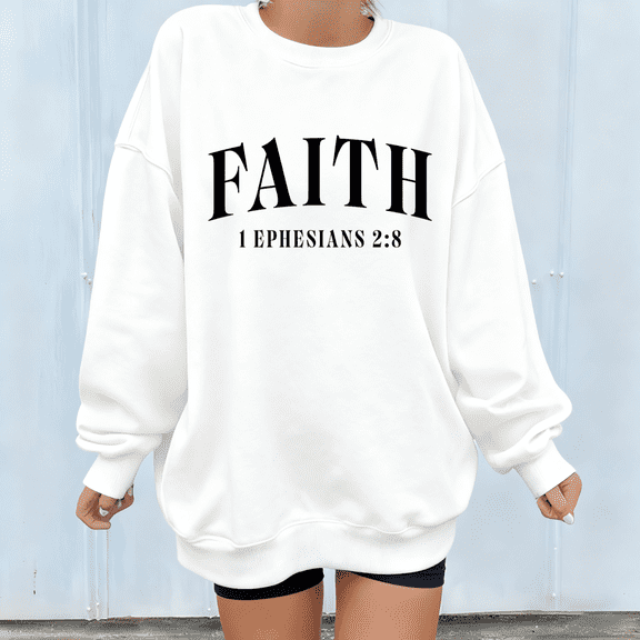 Women Faith 1 Ephesians 2: 8 Faith Graphic Tee Lively Fit T Shirt Top Apparel Cozy Casual Suitable Round-neck long-sleeved white S-3XL
