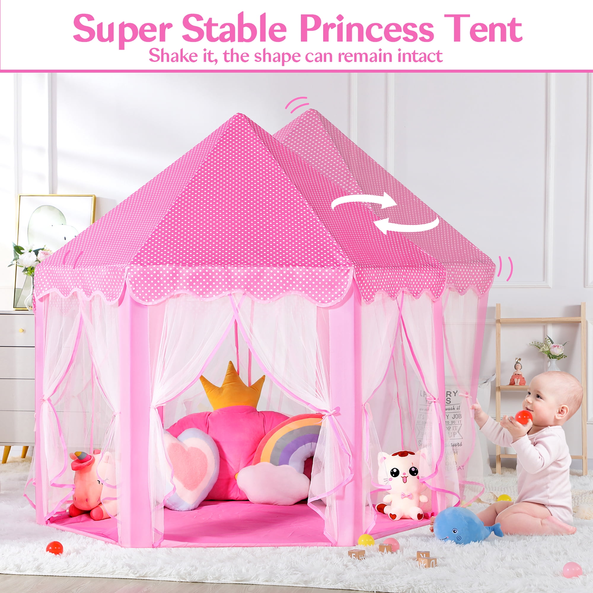 SISTICKER Princess Kids Tent for Girls Toddlers Large Playhouse with Star Lights Indoor Outdoor Polyester Toys
