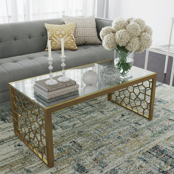 CosmoLiving Juliette Glass Top Coffee Table, Brass, Tempered Glass
