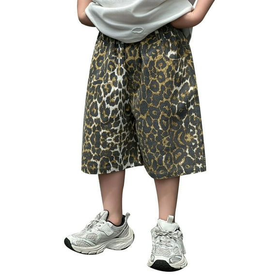 MEZZALL Boys Casual Shorts Retro Leopard Print Denim Pants For Kids Comfortable Breathable Summer Outfits Playwear For Toddlers To Teens Cozy Baby Wear
