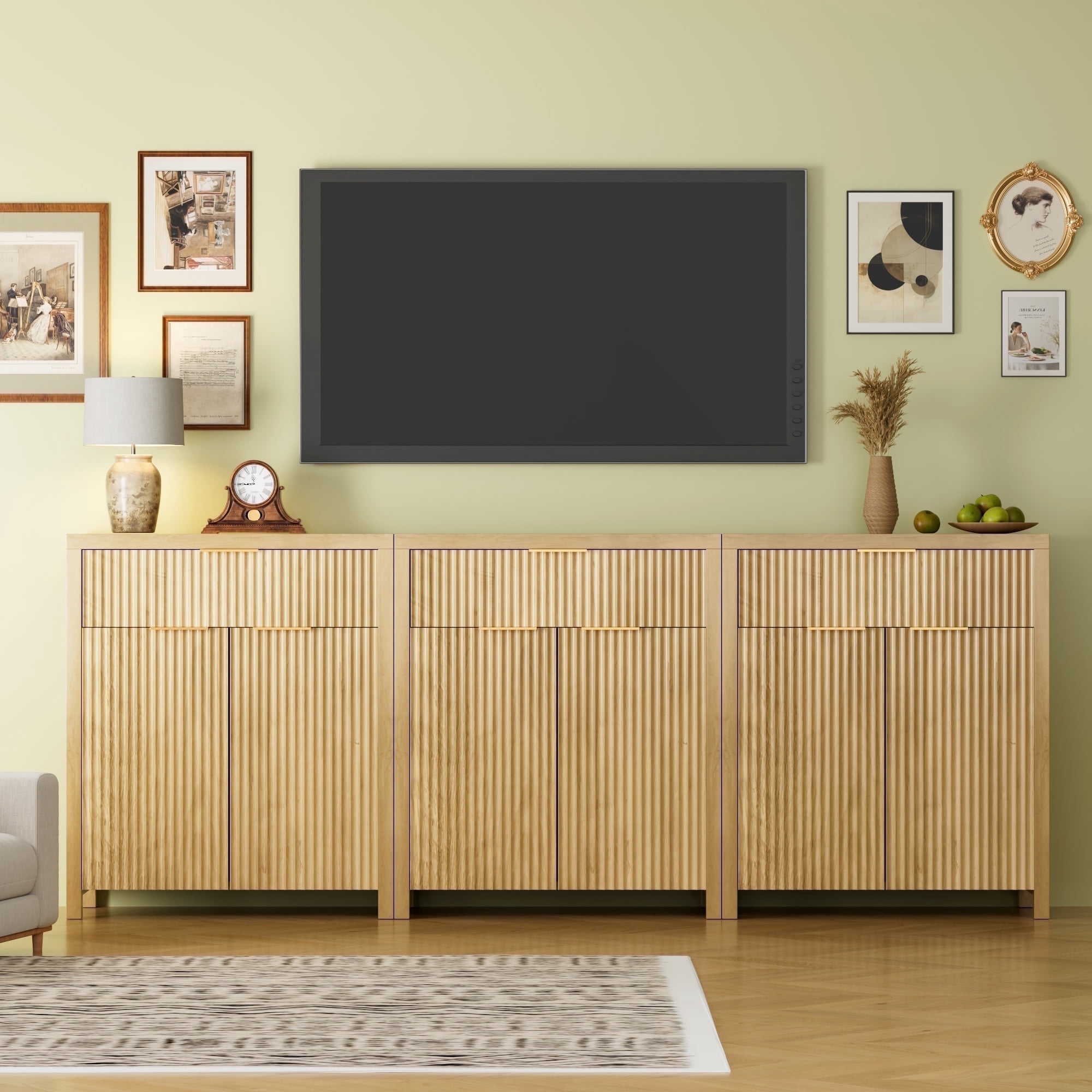 GIKPAL Sideboard Buffet Cabinet, Kitchen Storage Cabinet with Adjustable Shelves and Drawer, Fluted TV Stand for TVs, Accent Entryway Cabinet for Living Room, Natural Oak Set of 3