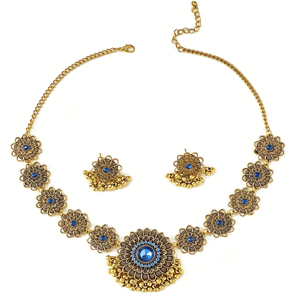 DESIGNICE Indian Jewelry Sets for Women Wedding Party Jewelry Flower Tassel Beaded Dangle Earring Oxidized Indian Choker Necklace Gold-Tone Plated Zirconia Jhumkas Chandelier Earrings Boho Jewelry