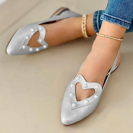 

Zpanxa Shoes for Women Pointed Toe Hollow Out Pearl Comfy Casual Shoes Solid Comfortable Low Heeled Single Shoes Silver Womens Shoes 41