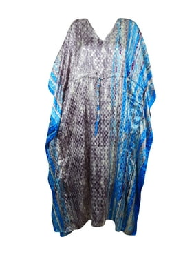 Mogul Women Recycle Silk Maxi Kaftan, Luxurious Caftan dress, Blue Gray Oversized Boho DRESS, Maternity Gift for Mom