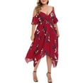thumbnail image 2 of Summer Saving Wycnly Womens Dresses Fashion Elastic Waist Irregular Swing Plus Size Cold Shoulder Strap Dresses Summer Flower Print V-Neck Short Sleeve Formal High-Low Dress Red XXXXL, 2 of 7