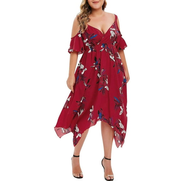 ICHUANYI Plus Size New Trending Womens Elegant Floral Print Short Sleeve V Neck Cold Shouder Sling Dresses Spring Summer Fashion 2024