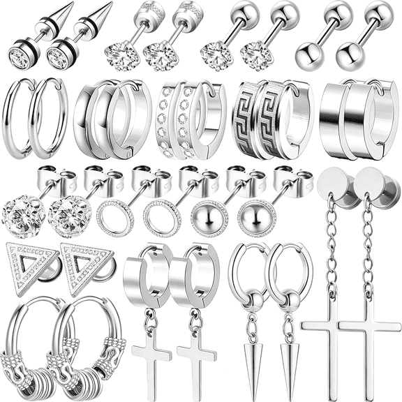 DESIGNICE 17 Pairs Earrings for Men,Stainless Steel Earrings for Men Sensitive Skin,Fashion Earring Piercing Jewelry Cross Dangle Hoop Earrings Kit Studs Long-Lasting Shine