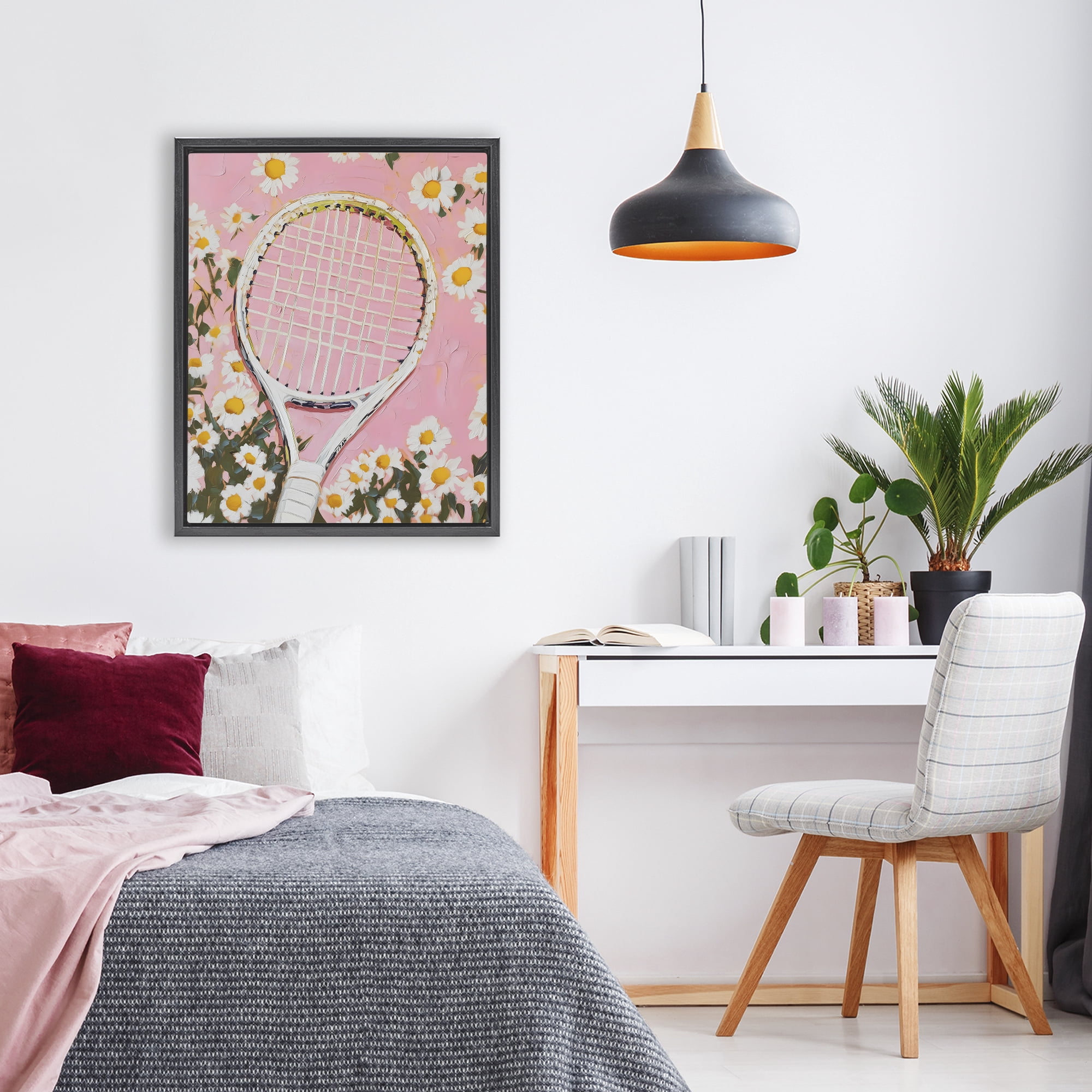Stupell Industries Pink Tennis Racket & Daisies Black Framed Floater Canvas Wall Art, design by LSR Design Studio