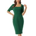 thumbnail image 1 of Vestido de tubo para mujer Inspire Chic con cuello cuadrado, cierre de cremallera, mangas cortas, vestido midi lápiz para el trabajo, talla XL, verde oscuro, 1 of 5
