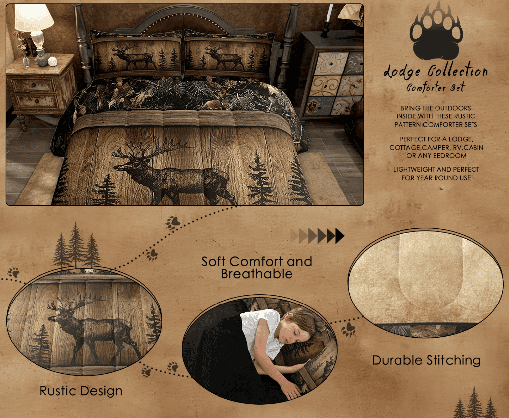 Camo Moose Bedding Comforter Sets Rustic Tree Camouflage Wildlife Bedding Set Twin Woodland Hunting Animal Comforter Set Men Farmhouse Wood Board Pine Tree Quilt Set