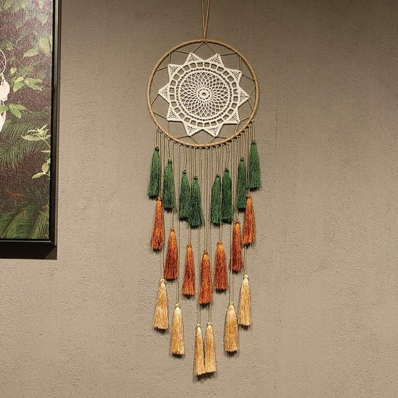 Artilady Attrape-Rêves Macramé pour Chambre - Décoration Murale à Pompons Fait Main avec Ornement de Plumes Cadeau de Bénédiction (Mélange Vert)