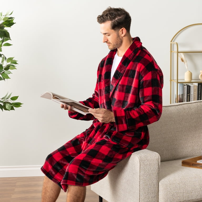 Pavilia Men's Plaid Fleece Bathrobe, Red photo 4